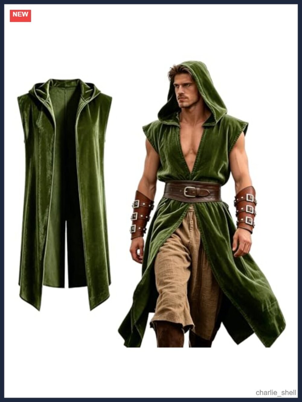 Men's Medieval Hooded Surcoat Sleeveless Renaissance Cloak Halloween
